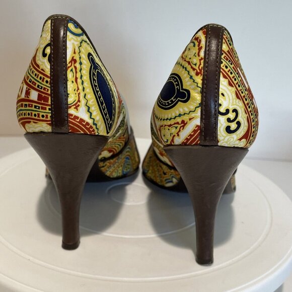J. CREW Open Toe Heels Shoes Women's 7.5M Colorful Paisley Chain Front Italy - Picture 5 of 11